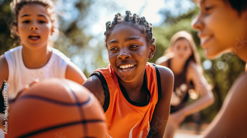 Energetic young girls enjoying a friendly game of basketball in a schoolyard on a sunny day