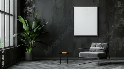 a mockup for a poster on a wall with an empty modern sleek dark image metal frame, part of a modern apartment