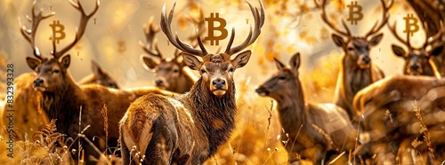 A wildlife photo with animals subtly marked with Bitcoin symbols, indicating their adaptation to a digital evolution.