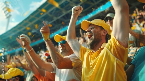 A man in a yellow shirt is holding his hands up in the air