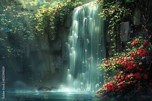 Serene waterfall cascading through lush greenery, with red flowers blooming by the water.
