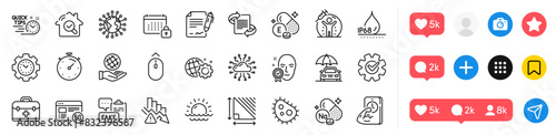 Safe planet, Time management and Sunset line icons pack. Social media icons. Fake document, Waterproof, Car insurance web icon. Calendar, First aid, Deflation pictogram. Vector