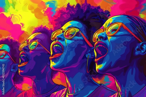 colorful illustration of people with afros and sunglasses passionately singing. The bold, vivid colors and expressive faces convey energy, enthusiasm, and unity, celebrating LGBTQ+ pride and diversity