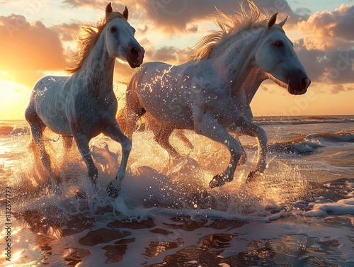 Some white horses running on the beach, sunset, water splashes