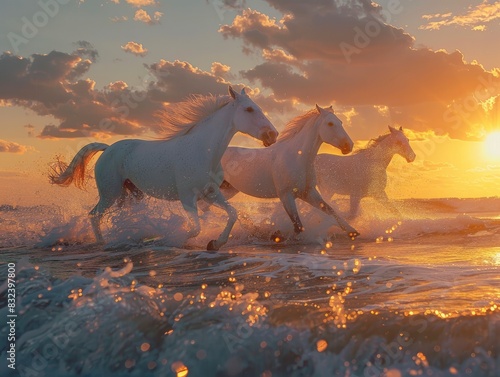 Some white horses running on the beach, sunset, water splashes