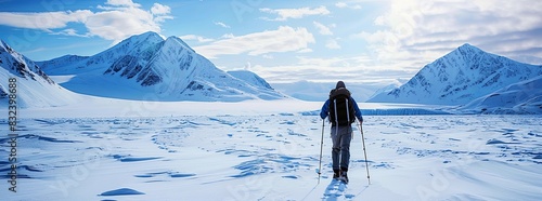 An explorer trekking through an icy arctic landscape, with snow-covered terrain and distant mountains. Cold, crisp atmosphere.