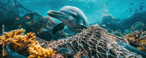 A dolphin is swimming near an underwater fishing net, with fish inside the nets and coral reef in background. marine life under water and sustainable fishing.
