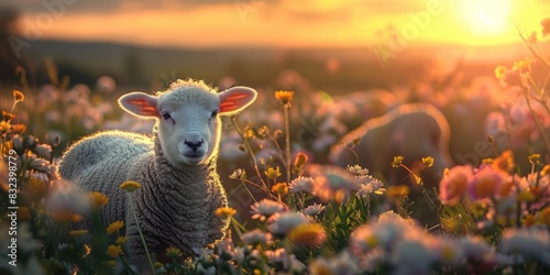 Beautiful sheep in the field of flowers during sunset, eid ul adha