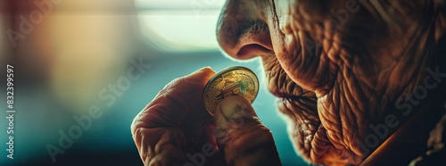 An intimate, close-up photo of an elderly person curiously examining a Bitcoin coin, representing generational investment shifts.