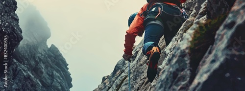close-up photo of an person climbing a steep mountain, reaching towards the peak with determination and perseverance. Inspirational and uplifting.