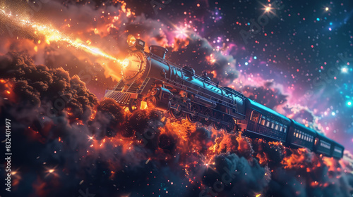 Hyper realistic photo of a futuristic train gliding through the stars with the Milky Way, top view, futuristic tone, Triadic Color Scheme