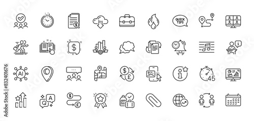 Musical note, Bureaucracy and Map line icons pack. AI, Question and Answer, Map pin icons. Financial documents, Analytics graph, Ranking star web icon. Podium, Teamwork chart, Timer pictogram. Vector