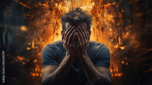Adult holding head in hands with a pained expression, illustrating desperate headache pain close up, emotional distress, realistic, double exposure, indoor backdrop