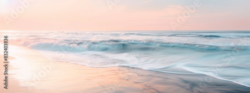 Multiple exposure of A tranquil, sunrise beach background with gentle waves and pastel skies.