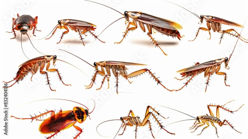 Picture of cockroaches, doing various poses, white background