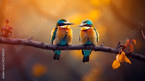 Two beautiful, brightly colored birds interacting on a branch with a soft, blurred background.
