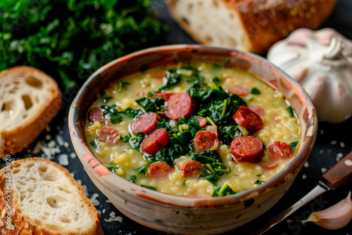 Caldo Verde Soup with greens and chopped chorizo on the top in the bowl on a gray stone background.