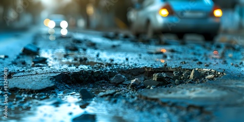 Immediate action required to address dangerous potholes on urban road for safety. Concept Pothole Repair, Urban Infrastructure, Road Safety, Municipal Responsibility, Immediate Action,