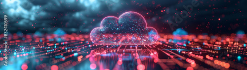 Futuristic digital network concept with a glowing cloud icon representing cloud computing and data storage over a cityscape.
