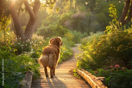 Pet dog on rainbow bridge, sunny afternoon, green plants, clear sky, springtime, serene outdoors