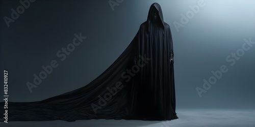 The Grim Reaper a symbolic figure in black symbolizes deaths inevitability. Concept Death Symbolism, Grim Reaper, Dark Figure, Inevitability, Symbolic Meaning