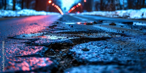Poorly maintained city roads with numerous potholes and damaged asphalt surfaces. Concept Potholes, Damaged Roads, Infrastructure Issues, Road Maintenance, Public Safety