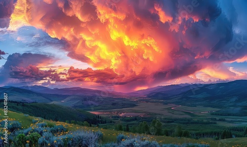 Mountain range with dramatic clouds and a sunset sky ablaze with color, warm and cool tones, highresolution photography, dynamic and breathtaking,
