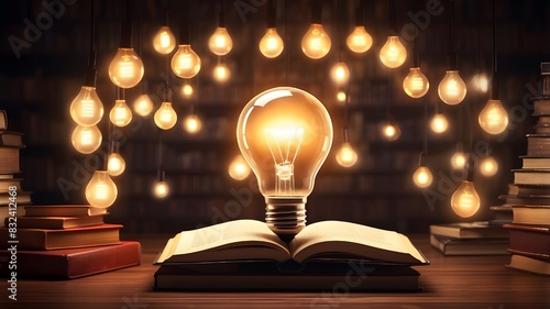 3D lightbulb images for education, ideas, and knowledge concept picture background featuring a glowing lightbulb in the center of books.Textbooks with glowing light bulbs enlighten every idea related 