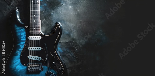 a image of a black electric guitar with a blue flame on it