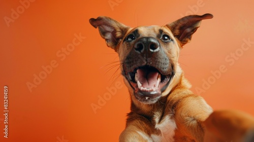 Happy Dog Taking a Selfie on Orange Background