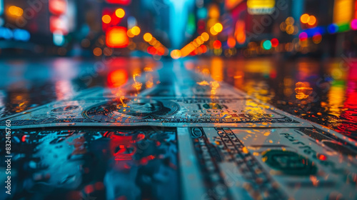 City lights reflecting on wet pavement with dollar bills scattered, creating a vibrant, urban scene.