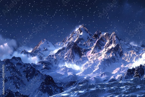 Mountains in winter with fresh snowfall and a clear, starry night sky, cool blue tones, photorealistic, cold and serene,