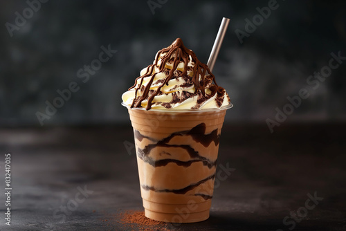 chocolate frappuccino with cream and chocolate drizzle in a plastic cup, front view, dark background, food photography, product shot, studio lighting, high resolution photography, hyper realistic