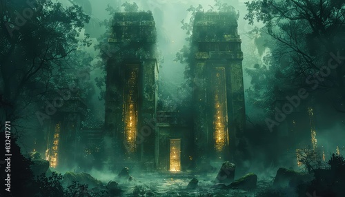 Mystical forest with ancient ruins and glowing runes, fantasy style, muted earth tones, sketch, mysterious and historical,