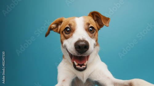 Happy Dog Taking a Selfie on Blue Background