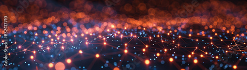 Abstract background featuring a network of glowing blue and orange lights connected by thin lines, depicting technology and connectivity.