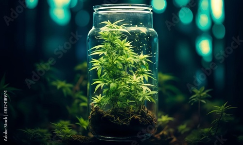 Cannabis plant growing out of a prescription bottle close up, alternative medicine, realistic, double exposure, pharmacy backdrop
