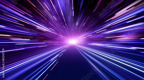 3d Render, Blue purple light line through dark background, hyper speed warp in space