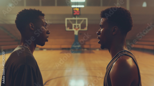  two basketball players argue on an indoor basketball court during a game. symmetrical medium shot. basketball goal in the center in the background. The scene is captured with commercial cinematograph