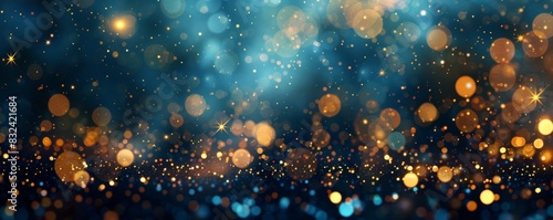 Glittery blue, gold, and black background. Defocused banner.