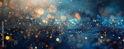 Abstract glitter lights on blue, gold, and black backgrounds. Banner without focus.