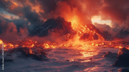 The red magma ejected by the eruption of Iceland volcano flows downwards along the mountain terrain. Next to it is a thick layer of white snow. The spectacular scene of ice and fire formed by both