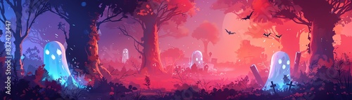 A mystical forest filled with glowing ghosts and enchanted trees under a vibrant twilight sky, evoking a sense of eerie beauty and magical wonder.
