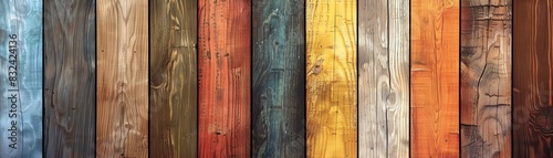 Colorful wooden planks arranged vertically showcasing various shades and textures, perfect for background, graphic design, or interior decor.