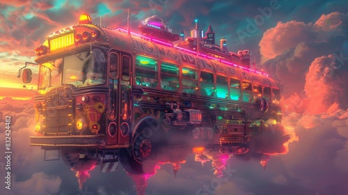 Flying school bus in a surreal sunset sky for fantasy or adventure themed designs