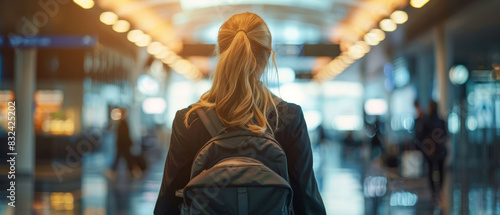 Traveler at a bright, modern airport terminal, with a backpack, walking towards departure gates, illustrating travel, adventure, and exploration.