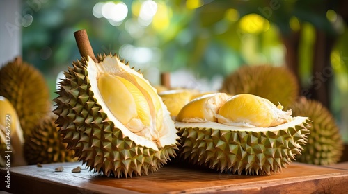 Closeup of durian showcasing its sweet taste and distinctive aroma selective focus, tropical delight, ethereal, overlay, fruit market backdrop