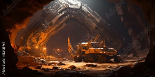 Unearthing a mysterious object or structure with an excavator in a fictional setting like an alien spaceship. Concept Fictional Excavation, Unearthing Secrets, Alien Discoveries, Sci-Fi Exploration