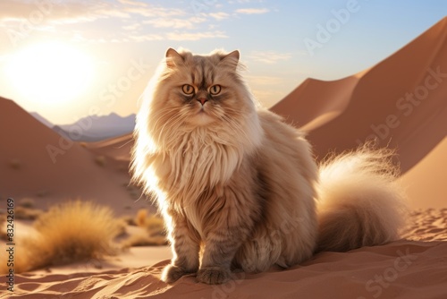 Portrait of a smiling himalayan cat in front of backdrop of desert dunes