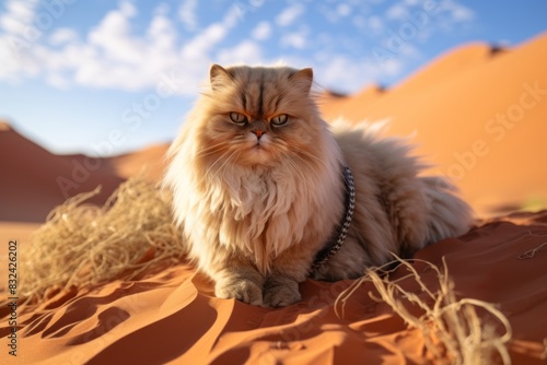 Portrait of a smiling himalayan cat on backdrop of desert dunes